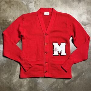 Womens Vintage Red 60's 70's College Cardigan Sweater
